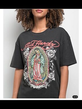 Ed Hardy Charcoal Graphic Tee with Multicolor Virgin Mary Print